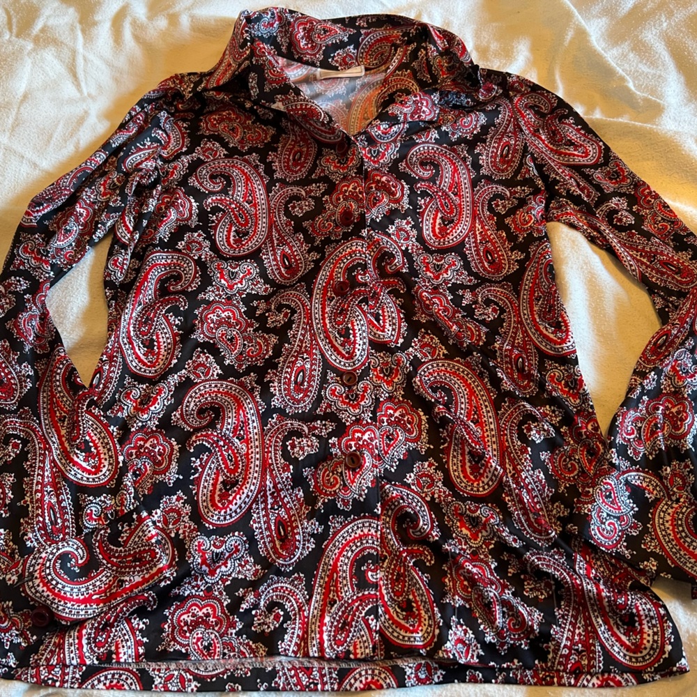 TANJAY Vintage Paisly Print Red Black Button Down Polyester